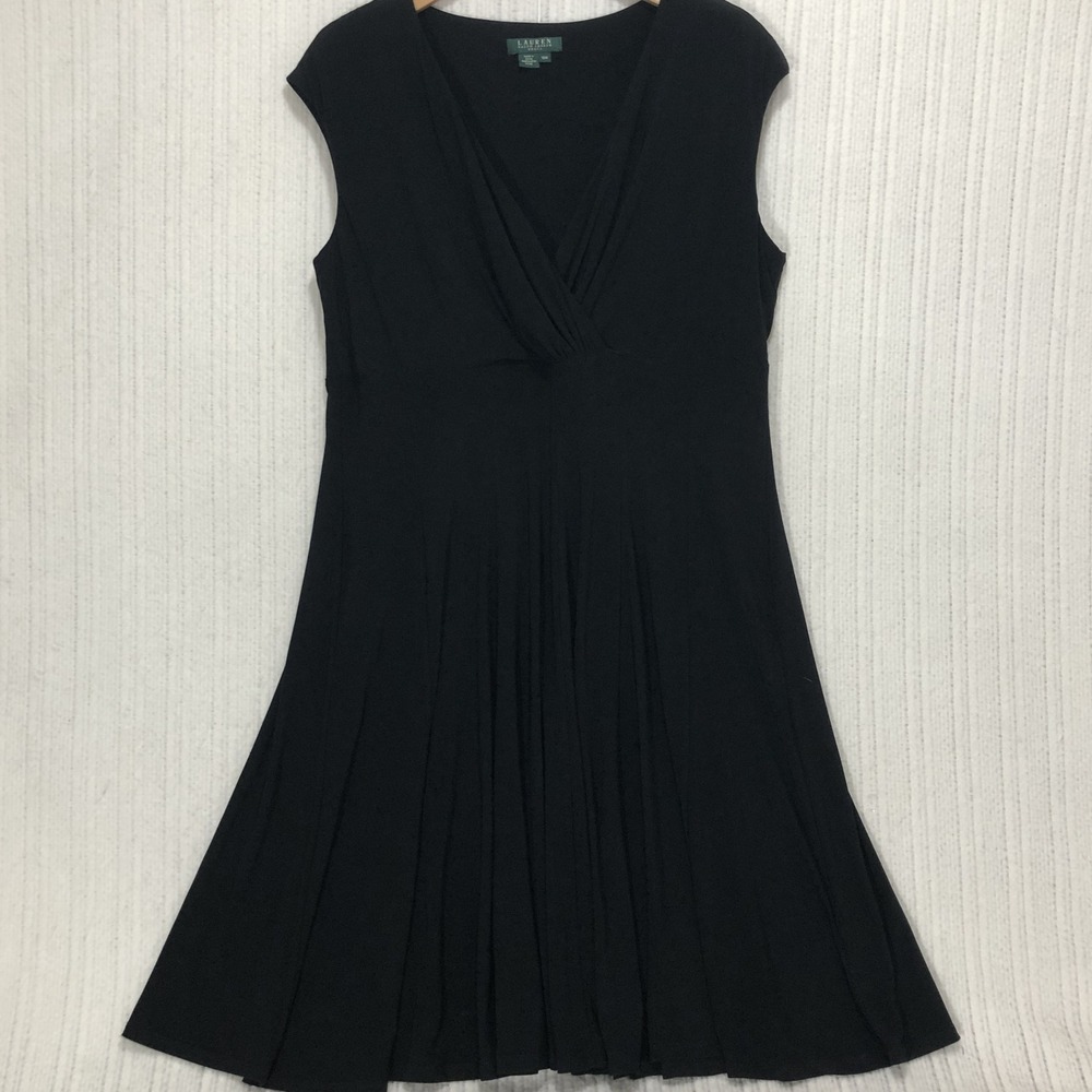 Lauren Ralph Lauren Black Sleeveless V-Neck Pleated A-Line Dress 18W Jersey Knit